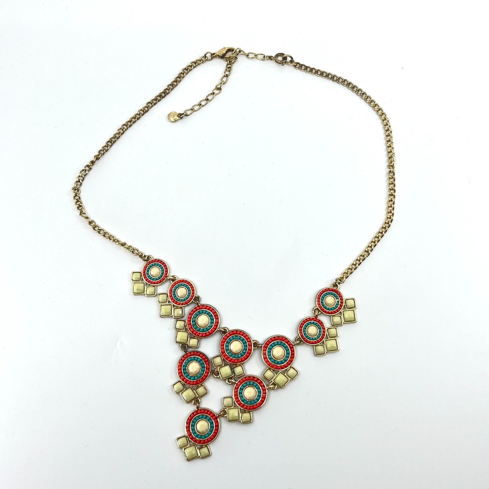 Vintage 80s Boho Geometric Statement Necklace Red Turquoise Color Gold Tone Bib - Picture 3 of 13